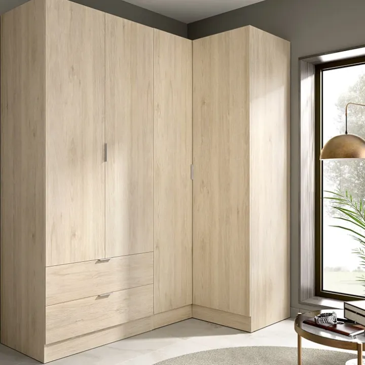 Armadio angolare reversibile 174x184h cm con ante e cassetti legno rovere Juan