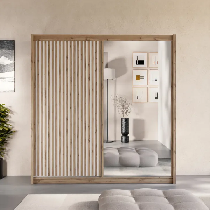 Armadio cannettato 203x215h cm 2 ante scorrevoli rovere bianco Ciang