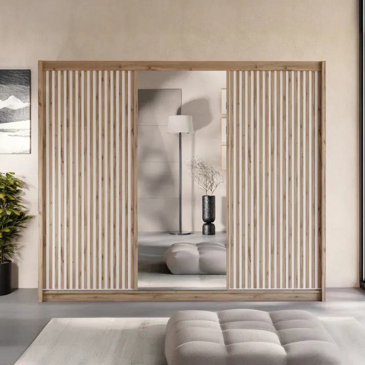 Armadio cannettato 250x215h cm 3 ante scorrevoli rovere bianco Ciang