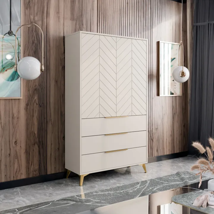 Armadio soggiorno 104x180h cm 2 ante 6 cassetti beige con frontali serigrafati Miriam