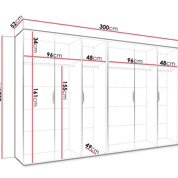 Armadio 300x202 cm 6 ante con specchio bianco opaco Valencia