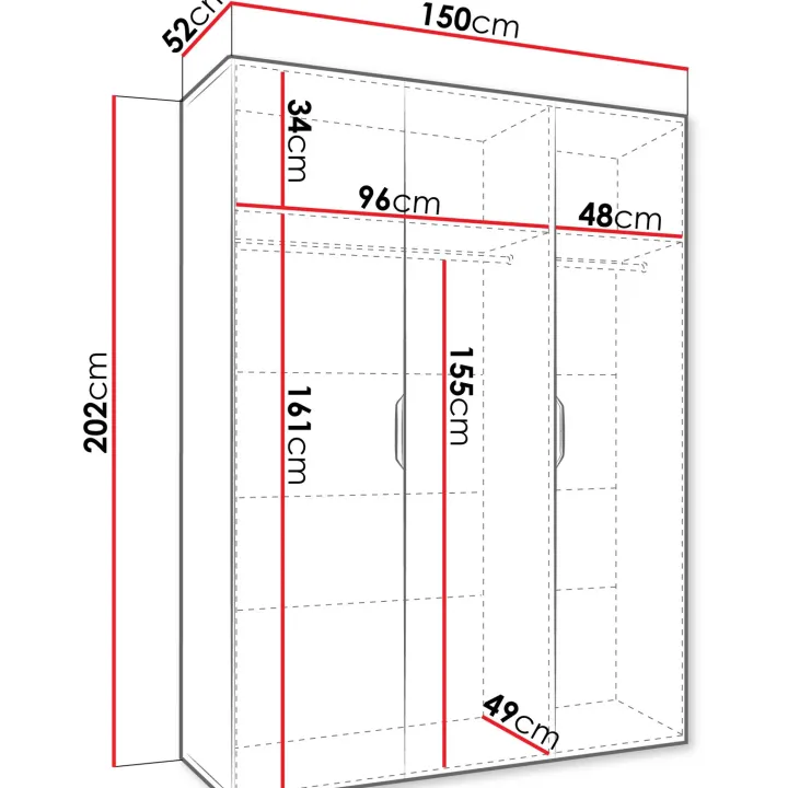Armadio 150x202 cm 3 ante con specchio nero opaco Valencia