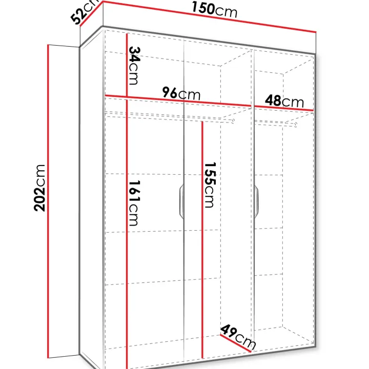 Armadio 150x202 cm 3 ante con specchio bianco opaco Valencia