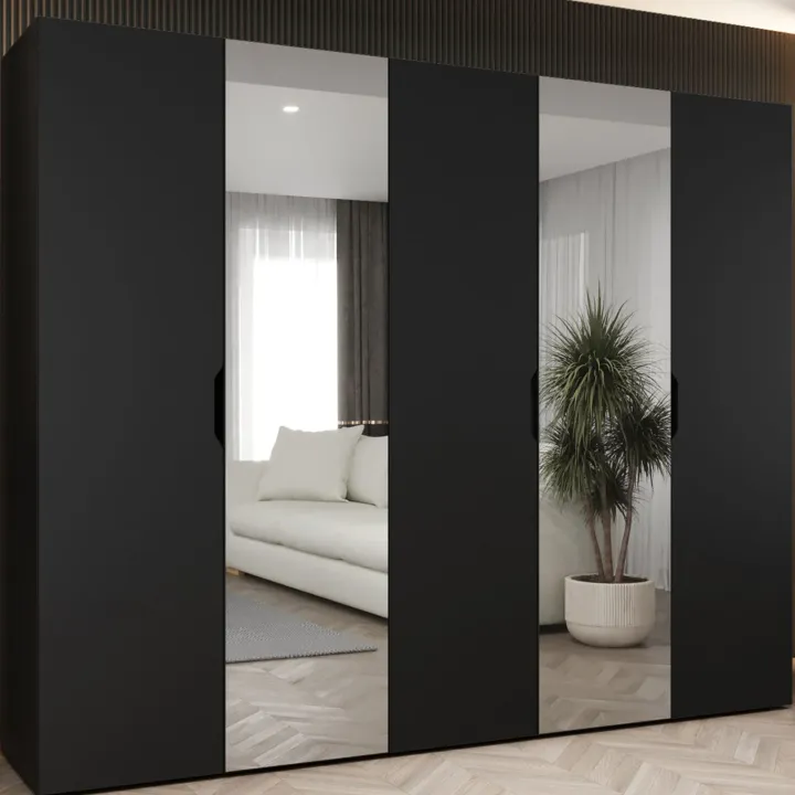 Armadio 250x202 cm 5 ante con specchio nero opaco Valencia