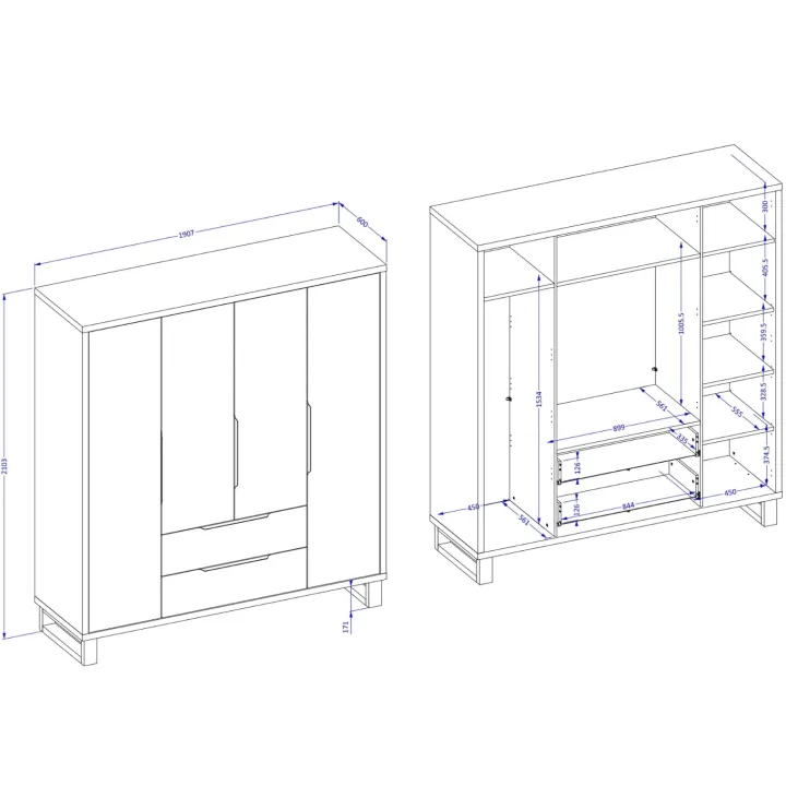 Armadio 190x210h cm 4 ante battenti 2 cassetti rovere Petra