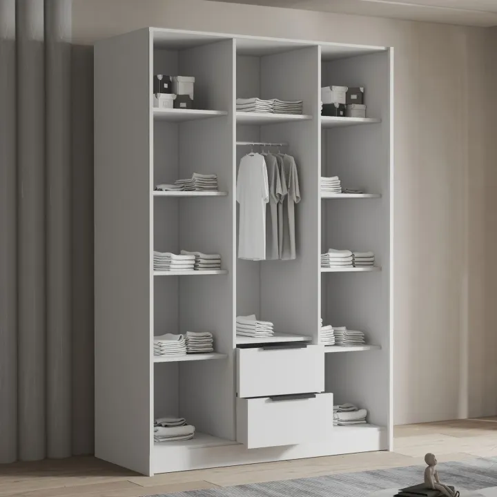 Armadio 150x216h cm 3 ante battenti 2 cassetti bianco opaco Ampy