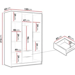 Armadio 150x216h cm 3 ante battenti 2 cassetti rovere Ampy