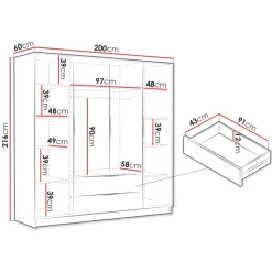 Armadio 200x216h cm 4 ante battenti 2 cassetti nero opaco Ampy