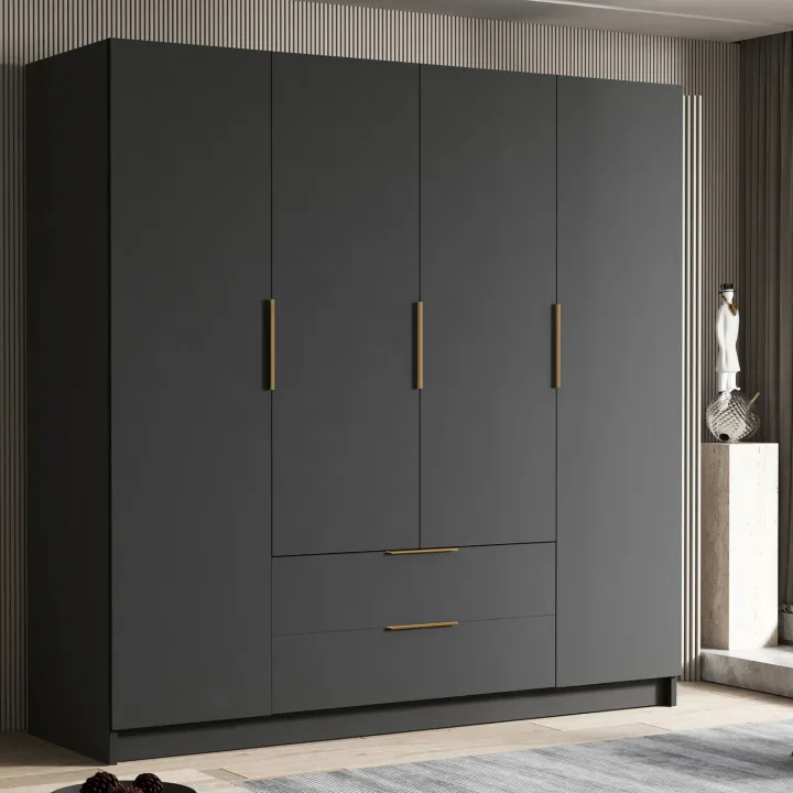 Armadio 200x216h cm 4 ante battenti 2 cassetti nero opaco Ampy