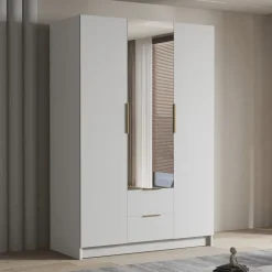 Armadio 150x216h cm 3 ante battenti con specchio 2 cassetti bianco opaco Ampy