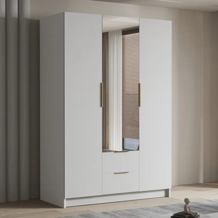 Armadio 150x216h cm 3 ante battenti con specchio 2 cassetti bianco opaco Ampy