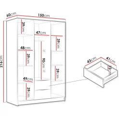 Armadio 150x216h cm 3 ante battenti con specchio 2 cassetti bianco opaco Ampy