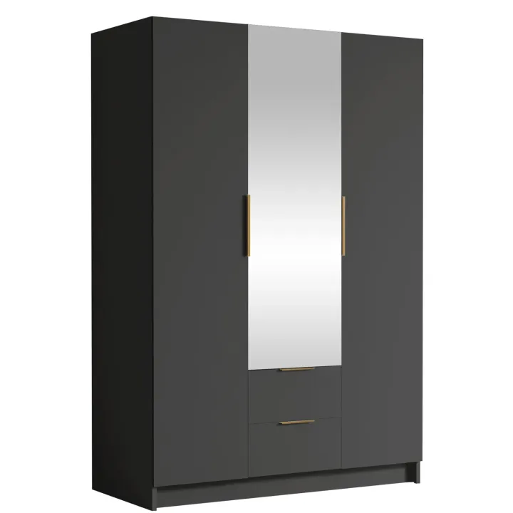 Armadio 150x216h cm 3 ante battenti con specchio 2 cassetti nero opaco Ampy
