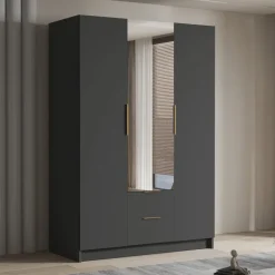 Armadio 150x216h cm 3 ante battenti con specchio 2 cassetti nero opaco Ampy