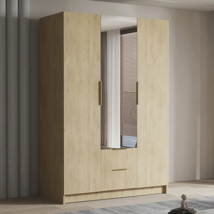 Armadio 150x216h cm 3 ante battenti con specchio 2 cassetti rovere Ampy