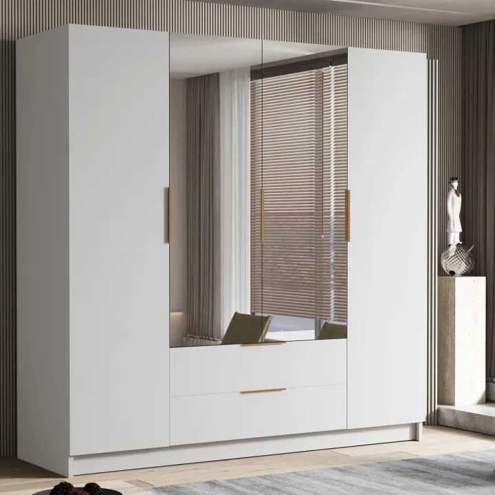 Armadio 200x216h cm 4 ante battenti con specchio 2 cassetti bianco opaco Ampy