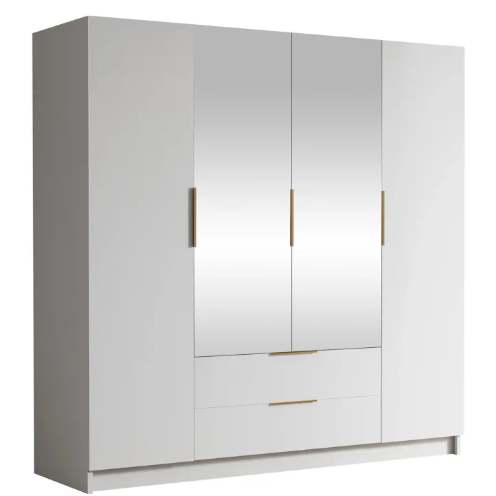 Armadio 200x216h cm 4 ante battenti con specchio 2 cassetti bianco opaco Ampy