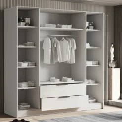 Armadio 200x216h cm 4 ante battenti con specchio 2 cassetti bianco opaco Ampy