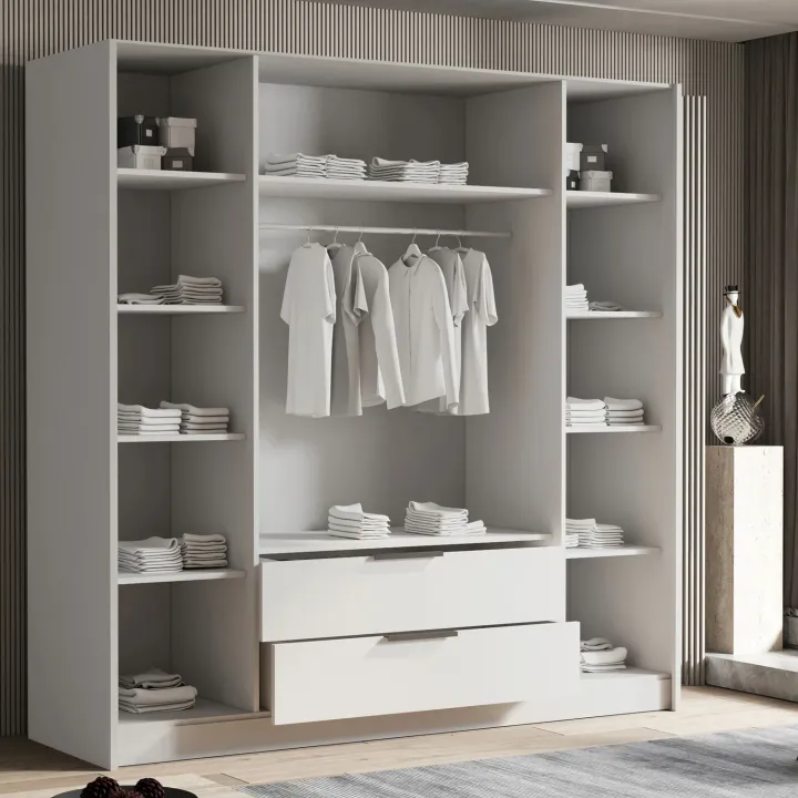 Armadio 200x216h cm 4 ante battenti con specchio 2 cassetti bianco opaco Ampy