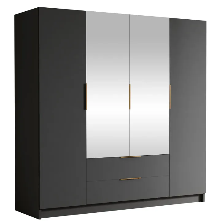 Armadio 200x216h cm 4 ante battenti con specchio 2 cassetti nero opaco Ampy