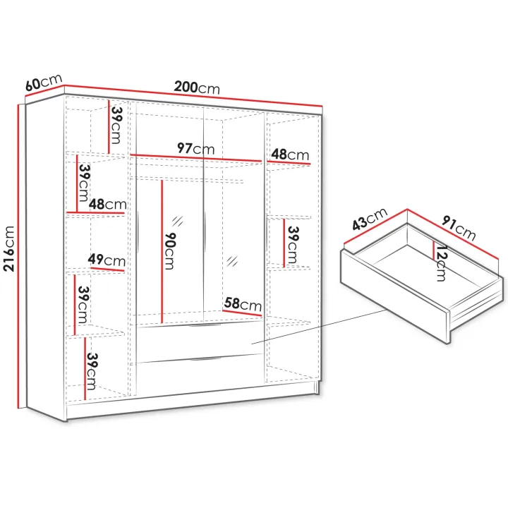 Armadio 200x216h cm 4 ante battenti con specchio 2 cassetti nero opaco Ampy