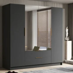 Armadio 200x216h cm 4 ante battenti con specchio 2 cassetti nero opaco Ampy