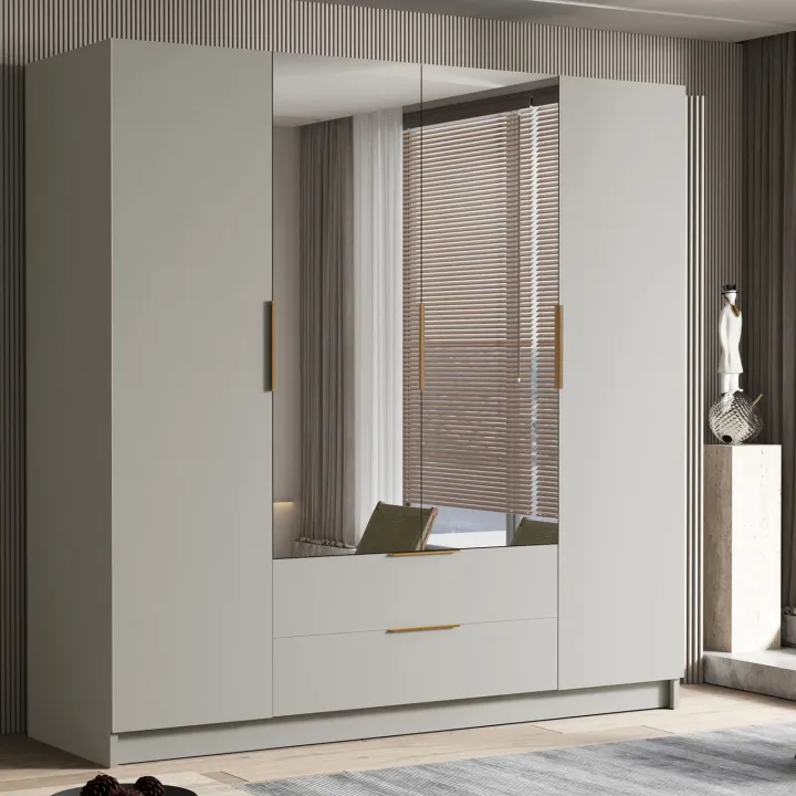 Armadio 200x216h cm 4 ante battenti con specchio 2 cassetti beige cashmere Ampy