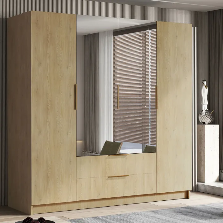 Armadio 200x216h cm 4 ante battenti con specchio 2 cassetti rovere Ampy
