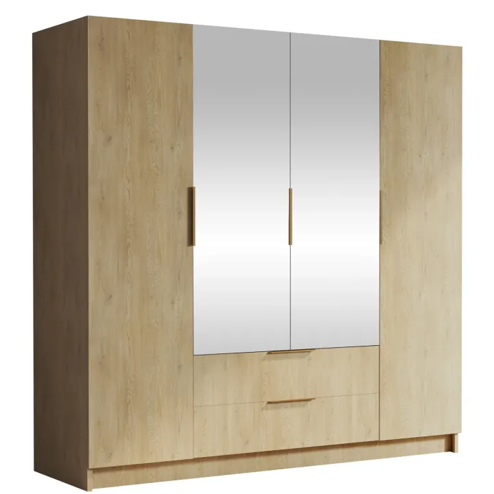 Armadio 200x216h cm 4 ante battenti con specchio 2 cassetti rovere Ampy