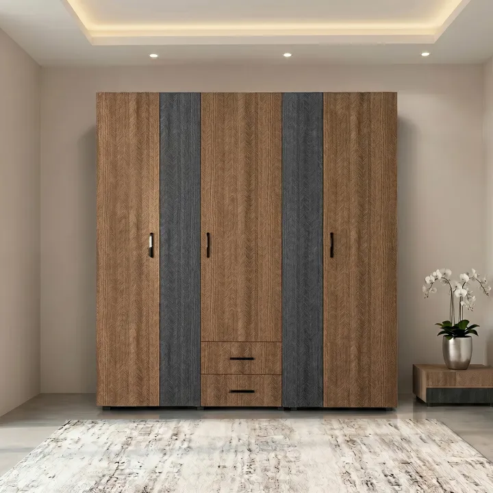 Armadio 190x202h cm 5 ante 2 cassetti rovere scuro nero frassinato Loly
