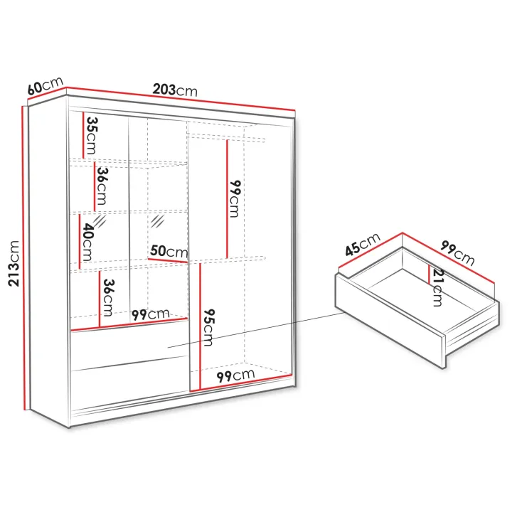 Armadio 203x213h cm 3 ante 2 cassetti rovere Stiky