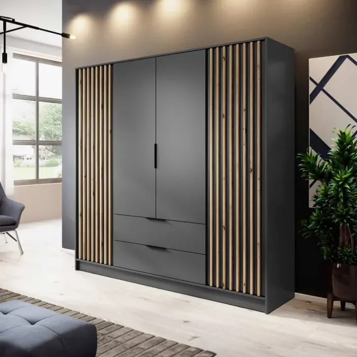 Armadio 206x200h cm 4 ante con cassetti antracite quercia Miller