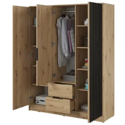 Armadio 155x200h cm 3 ante con cassetti moderno quercia nero Miller