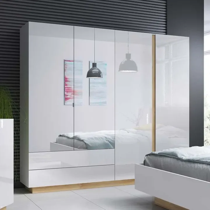 Armadio 220x203h cm 4 ante con cassetti moderno bianco lucido rovere Noa