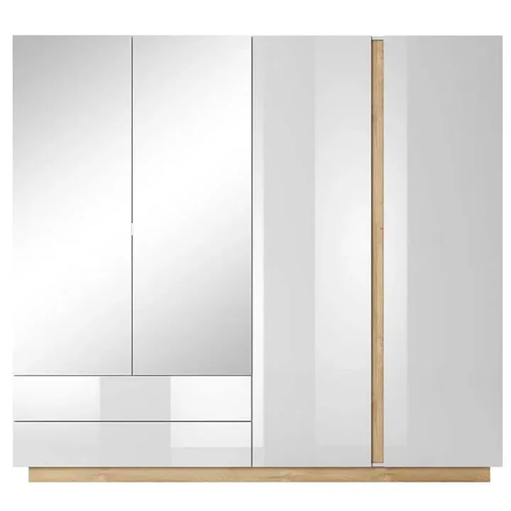 Armadio 220x203h cm 4 ante con cassetti moderno bianco lucido rovere Noa