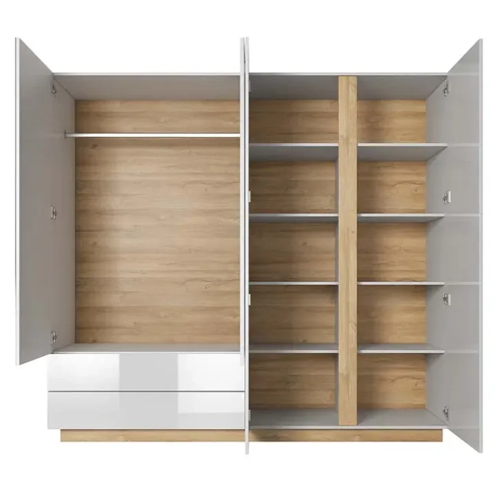 Armadio 220x203h cm 4 ante con cassetti moderno bianco lucido rovere Noa