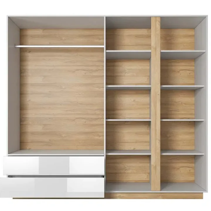 Armadio 220x203h cm 4 ante con cassetti moderno bianco lucido rovere Noa