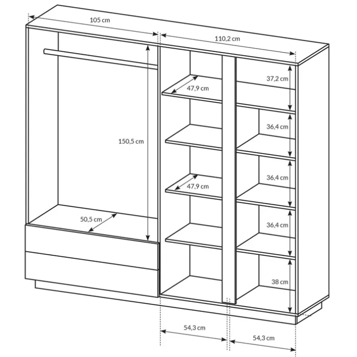 Armadio 220x203h cm 4 ante con cassetti moderno bianco lucido rovere Noa