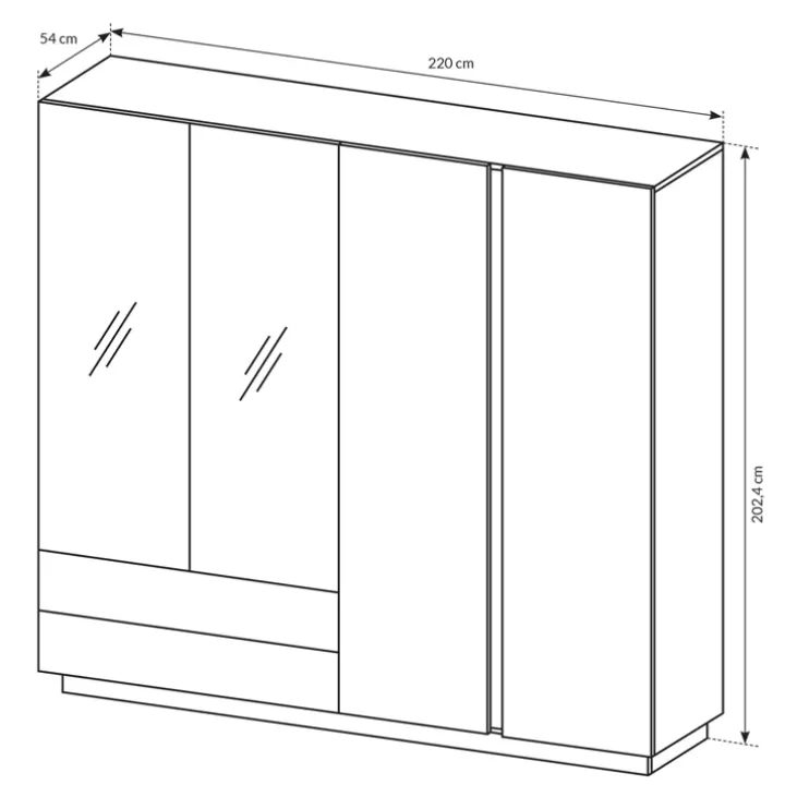 Armadio 220x203h cm 4 ante con cassetti moderno bianco lucido rovere Noa