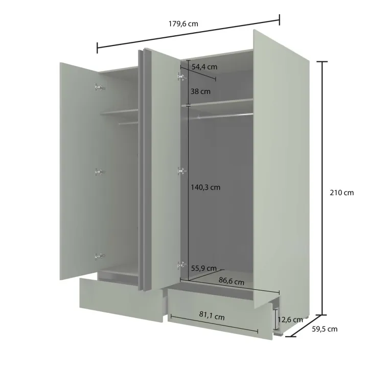 Armadio 180x210h cm 4 ante con 2 cassetti verde Lolla