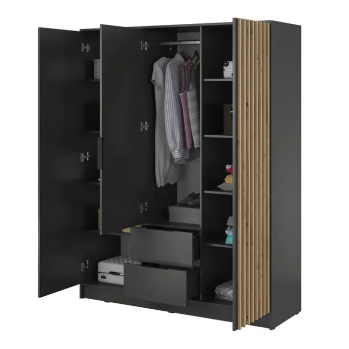 Armadio 155x200h cm 3 ante con cassetti moderno antracite quercia Miller