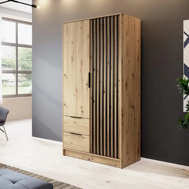 Armadio 105x200h cm 2 ante con cassetti moderno quercia nero Miller