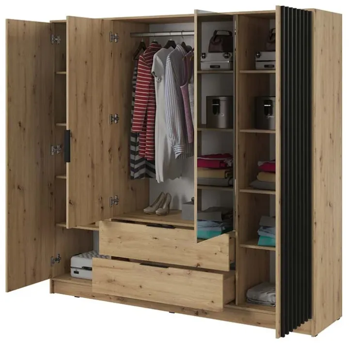 Armadio 206x200h cm 4 ante con specchio moderno quercia nero Miller