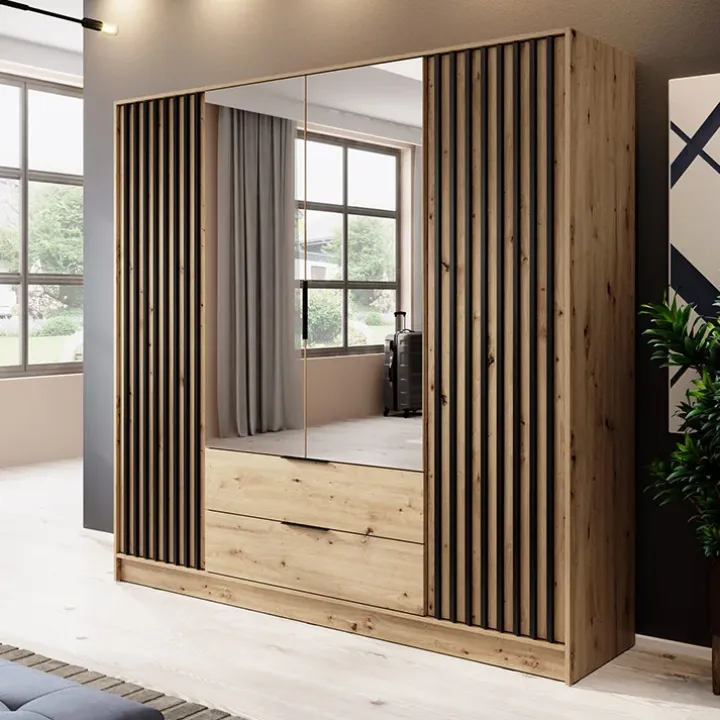 Armadio 206x200h cm 4 ante con specchio moderno quercia nero Miller