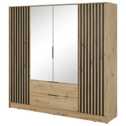 Armadio 206x200h cm 4 ante con specchio moderno quercia nero Miller
