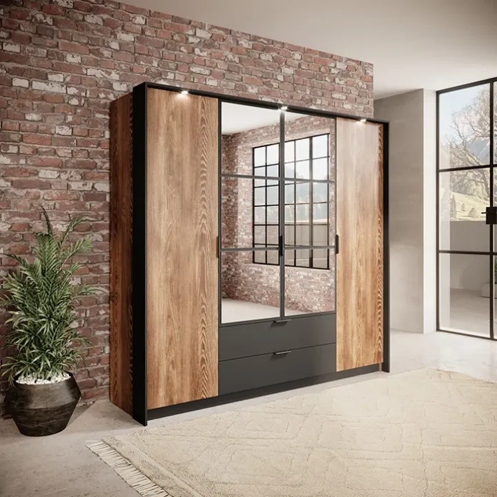 Armadio 223x210h cm 4 ante con specchio quercia nero Smooty