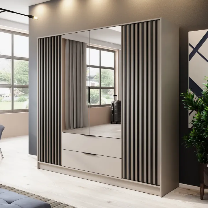 Armadio 206x200h cm 4 ante con specchio moderno beige cashmere Miller