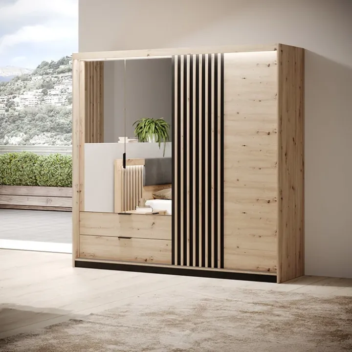 Armadio 220x211h cm 4 ante con specchio rovere antracite Rubik