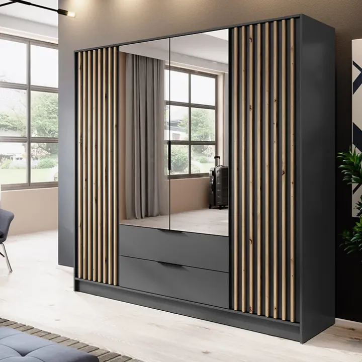 Armadio 206x200h cm 4 ante con specchio antracite quercia Miller