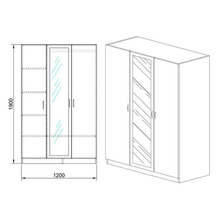 Armadio 120x190h cm 3 ante con specchio legno noce Plutone